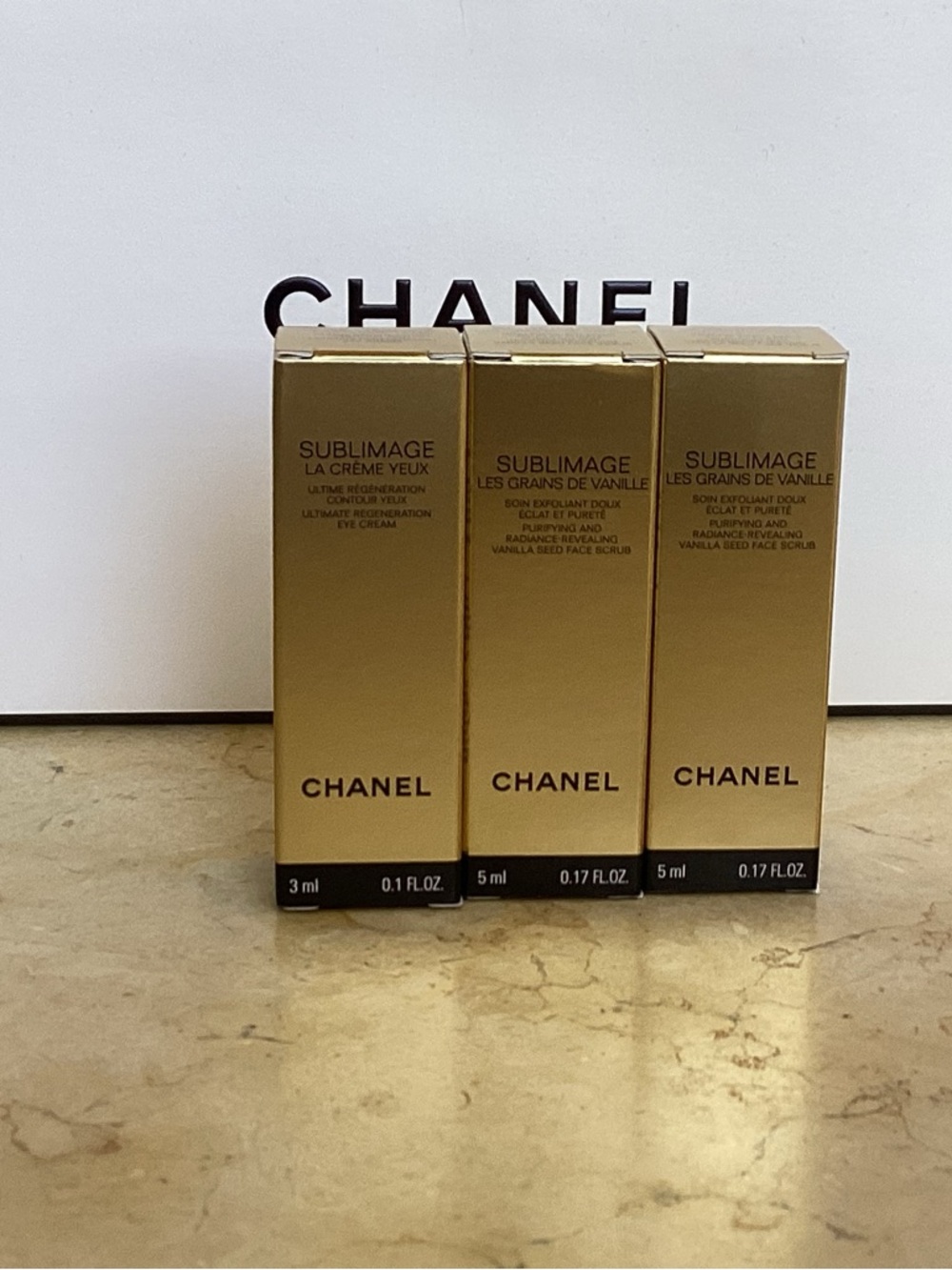 CHANEL Sublimage Eye Cream & Vanilla Seed Scrub Trio in Gold